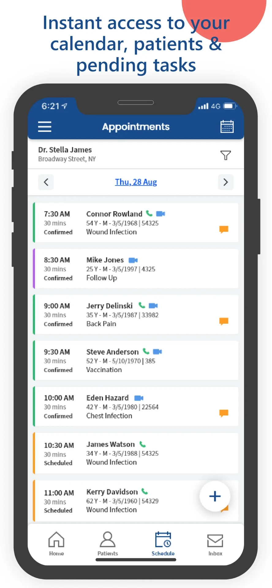 Calendar, patients & pending tasks