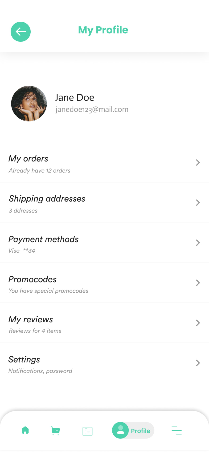 Profile — orders, addresses and payment