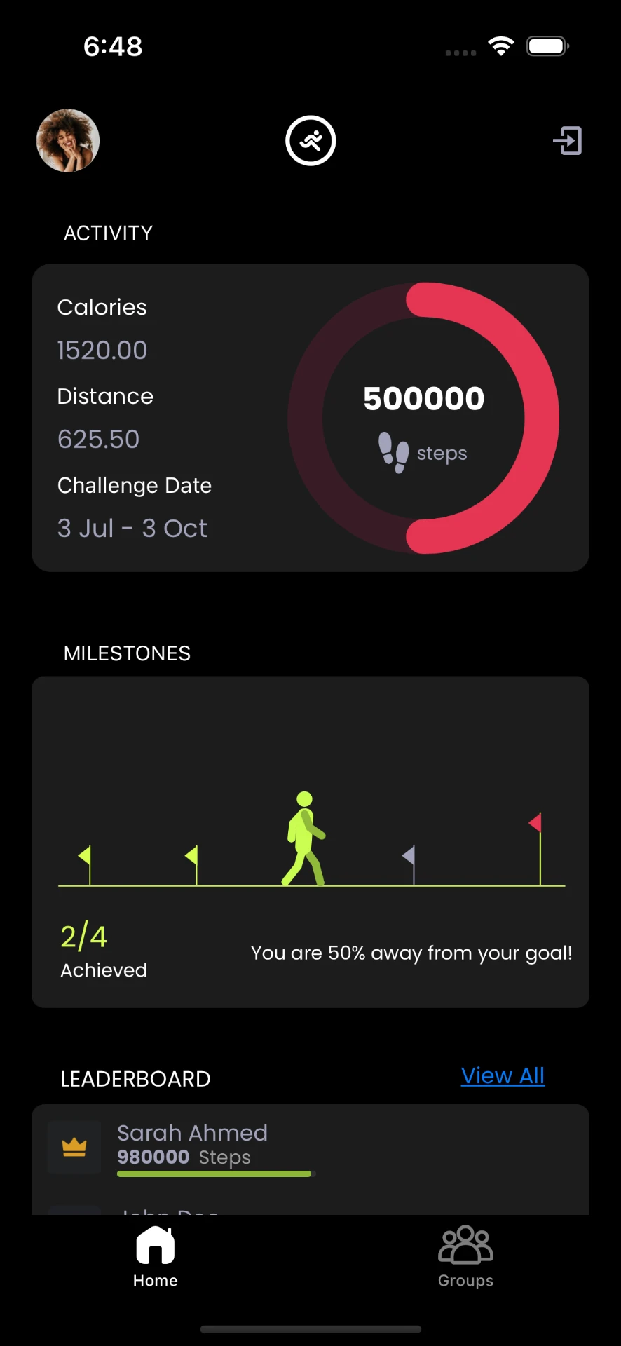 Activity, milestones and leaderboard