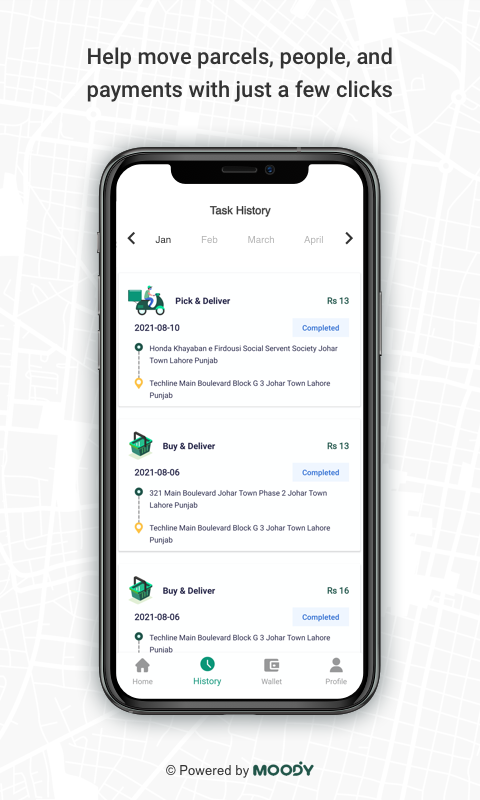 Task history — parcels, people and payments