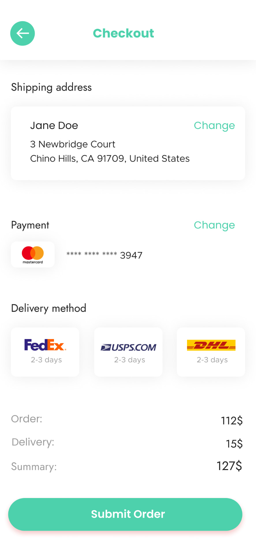 Checkout — address, payment and delivery