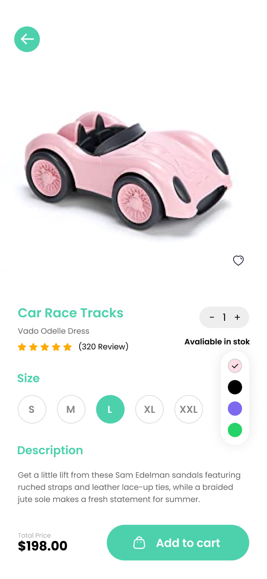 Product detail — size, colour and reviews